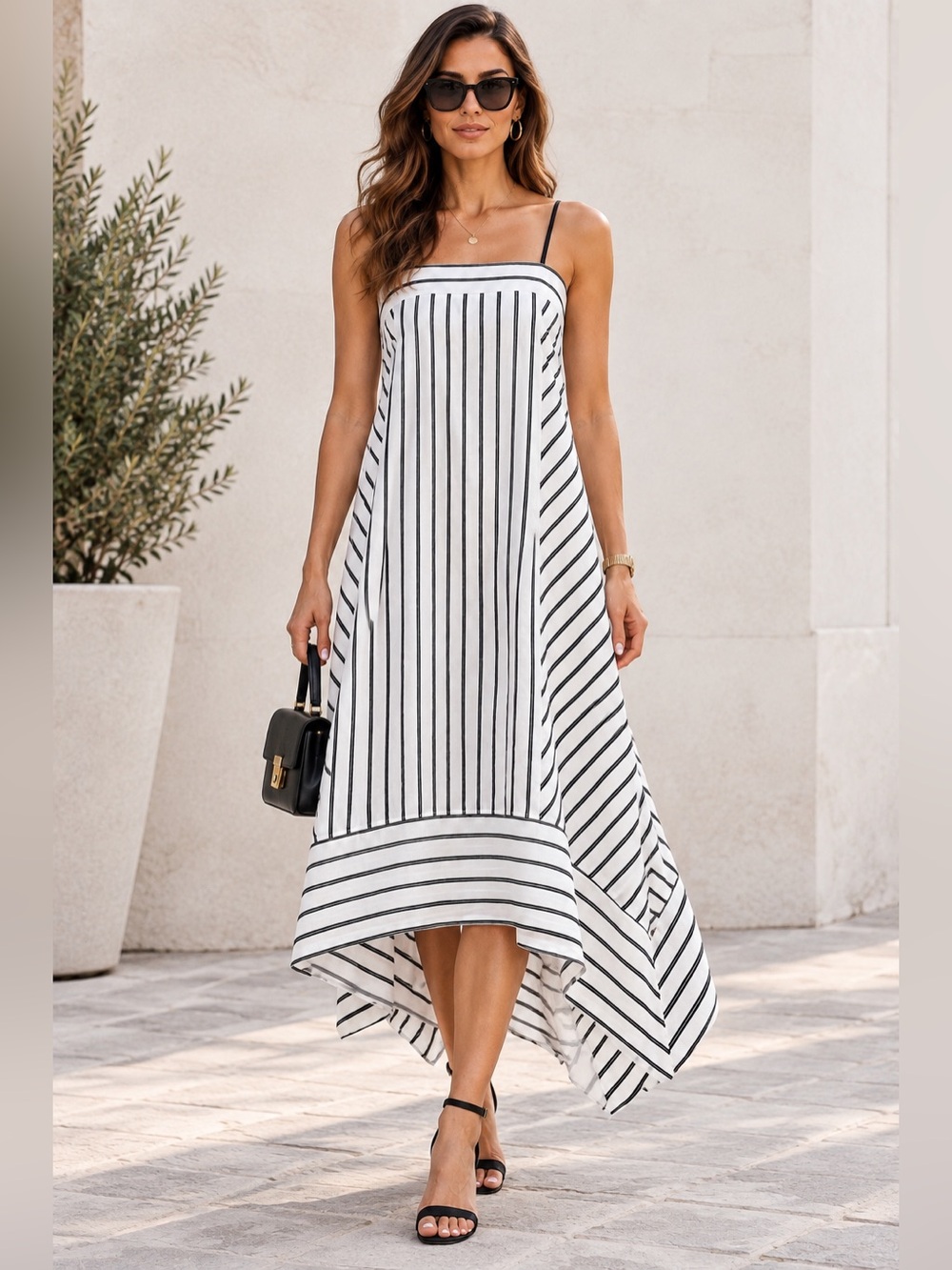 DKNY White & Black Striped High-Low Slip Skirt